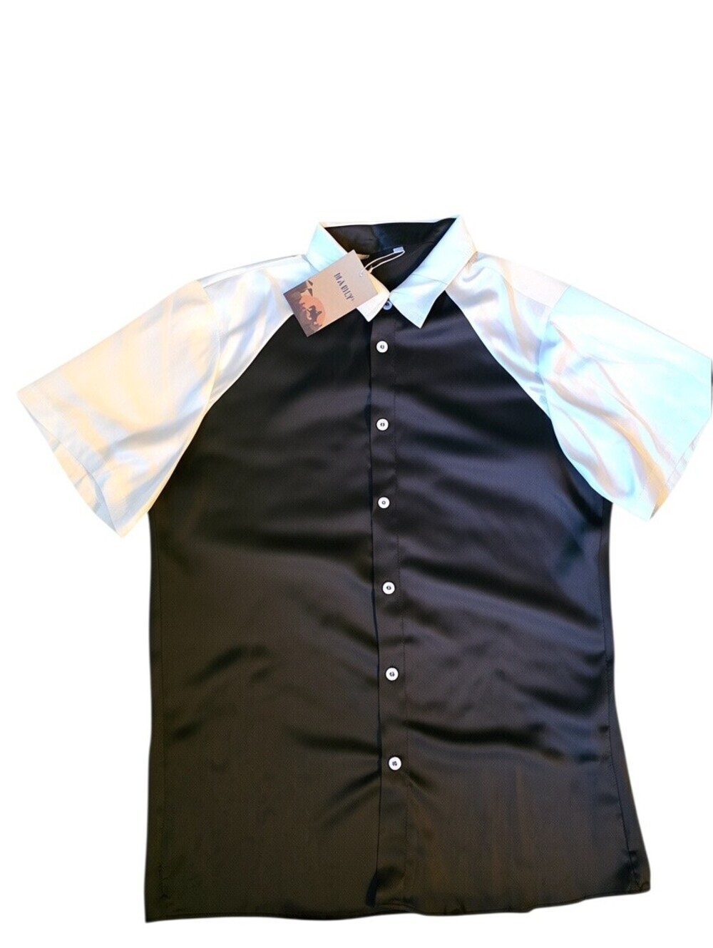 NWT MANLY Color Block Bowling Shirt Large Black White Button Up Retro Shirt - Picture 7 of 10